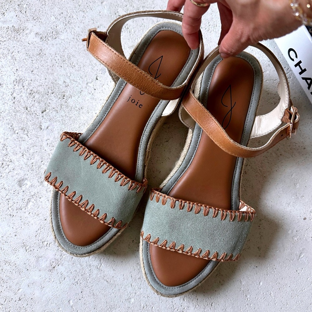 Joie Womens Suede Whipstitch Espadrille Wedge Sandals Tan Leather Boho 9.5 - Picture 2 of 6